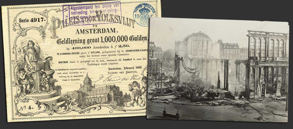 Aandeel uit 1869 en ruine van het Paleis